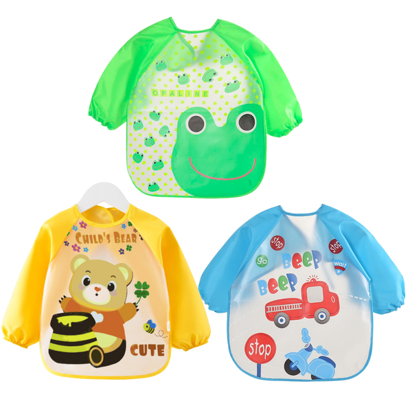 Bestby-3Piece Kids Feeding Bib Apron Waterproof Art Smock with Long Sleeves