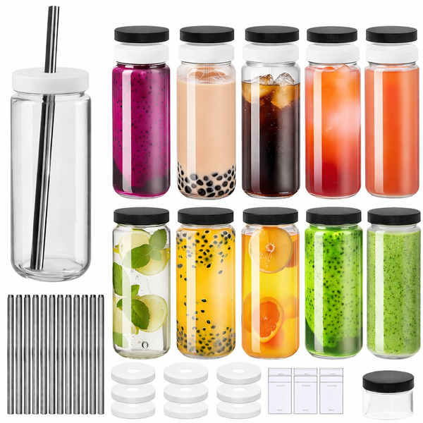 Chenshia 12Pc Glass Juice Bottles&amp;Lid 480ml Mason Jar,Stainless Steel Straw