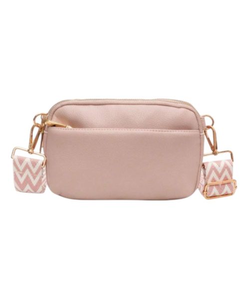 Minimalist Faux Leather Crossbody Bag With Patterned Strap - Black