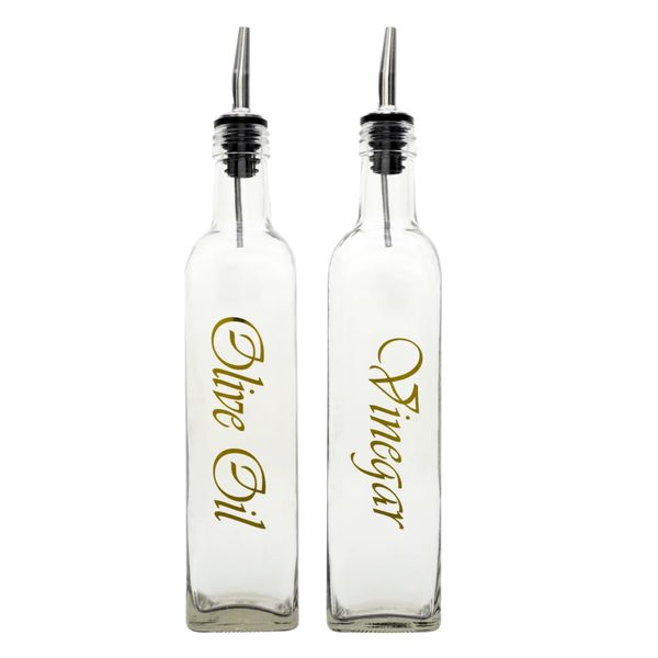 Oil &amp; Vinegar 500ml 2Pc Square Bottle With Gold Print and Pourers