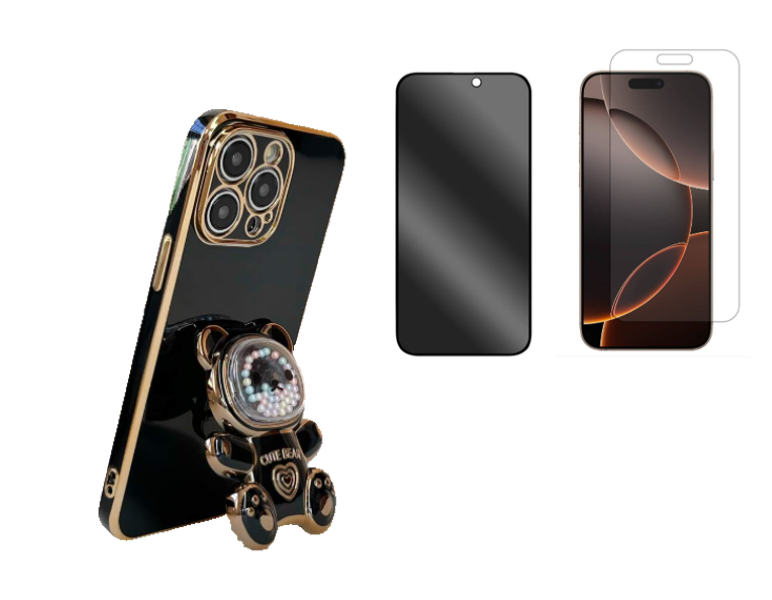 Iphone 16 pro Candy Bear Stand Fancy Phone Case with 2 screen protectors