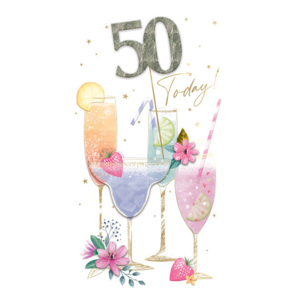 Greeting Card - 50th - Cocktails with 50 coming out of glass
