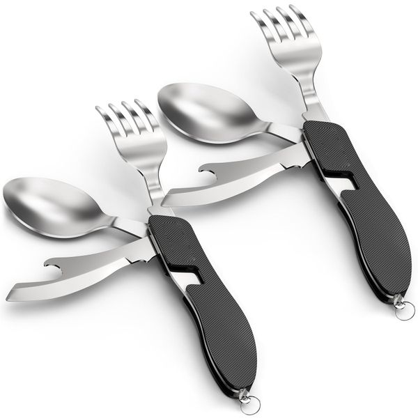 QYNIAL 4-in-1 Camping Utensils 2-Pack, Portable Stainless Steel Multitool