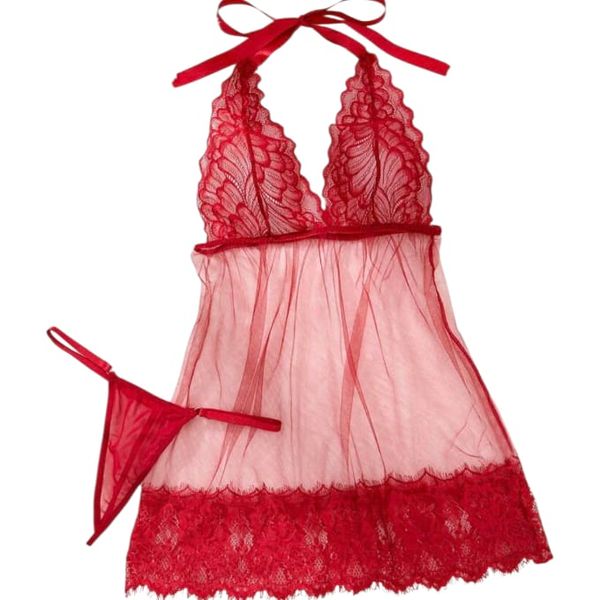 Lace &amp; Mesh Contrast Halter Neck Lingerie Dress Burgundy