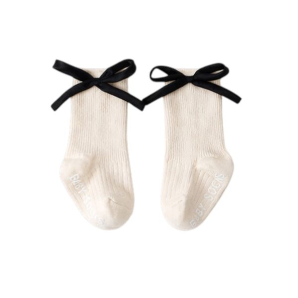 Charming Baby Socks With Black Ribbon Bow - White