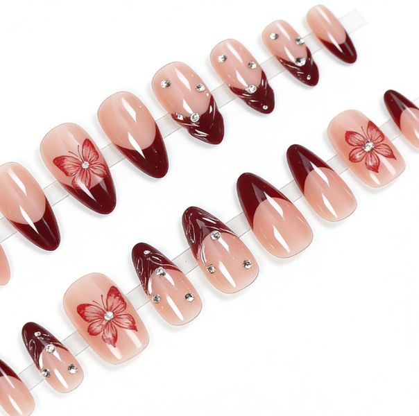 Stiletto Press-On Nails - Burgundy French Tip with Floral Design - 1 Set