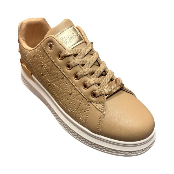 Miss Black London Women's Beige Quilted Fashion Sneakers with Gold Detail