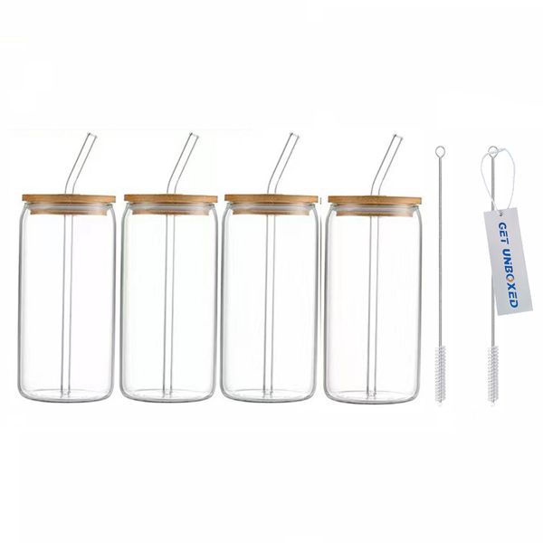 GET UNBOXED 4 Pack 500 ML Drinking Glasses Cups with Lids Brush Glass Straw