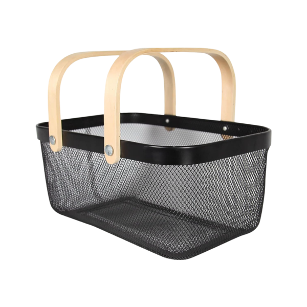 40 x 24.7 x 18.3cm Metal Mesh Basket with Wooden Handles 441803