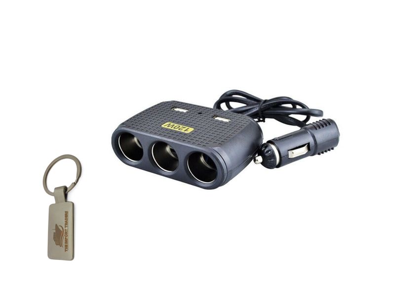 120W 12V 24V 3-Socket Lighter Splitter + Dual USB With TIT Keychain