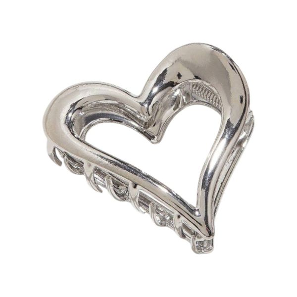 Small Metallic Shine Heart-Shaped Hair Claw Clip - Silver