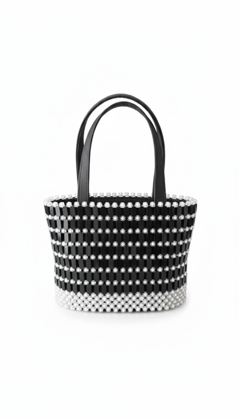 Handmade Geometric Beaded Tote Bag - Black &amp; White