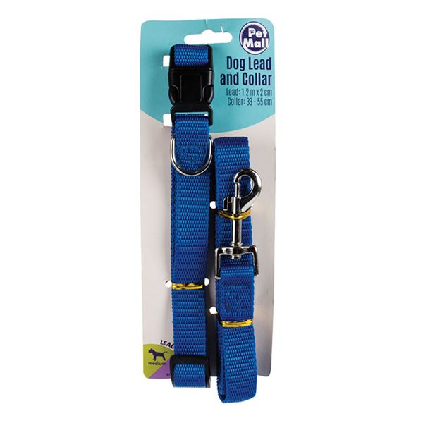 Dog Collar &amp; Lead Set - Nylon - Blue - 22-55cm - 1.2m x 2cm - 6 Pack