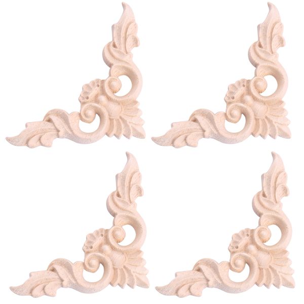 4Pcs 8x8Cm Wood Carved Corner Onlay Unpainted Applique
