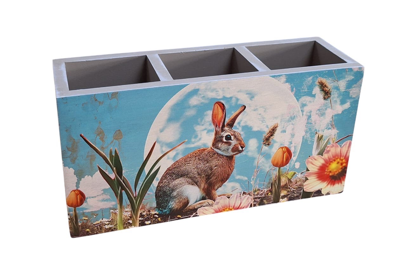 Cutlery/Stationary Holder - Bunny with Orange Flowers on Blue &amp; White