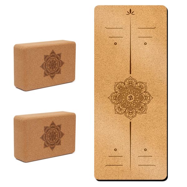 5mm Cork Yoga Mat &amp; 2 Pack Yoga Blocks Non Slip Natural Fitness Pilates Set