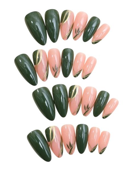 Deep Green Pink with Petal Print Tip &amp; Gold Accent Nail Set
