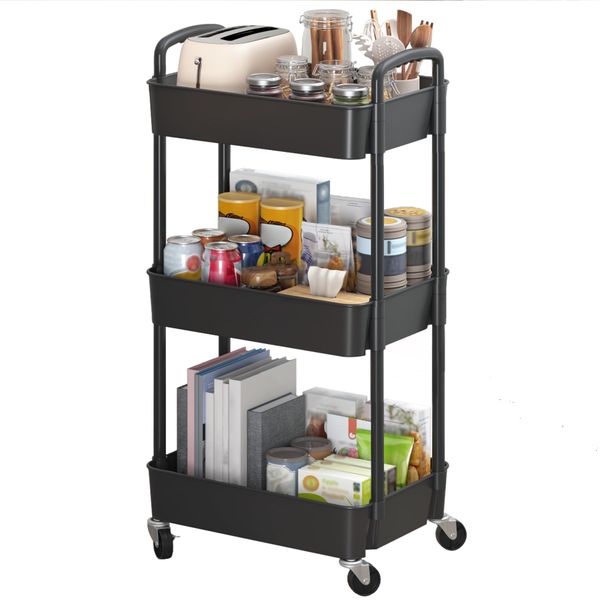3-Tier Plastic Rolling Movable Utility Cart with Handle, Storage Trolley