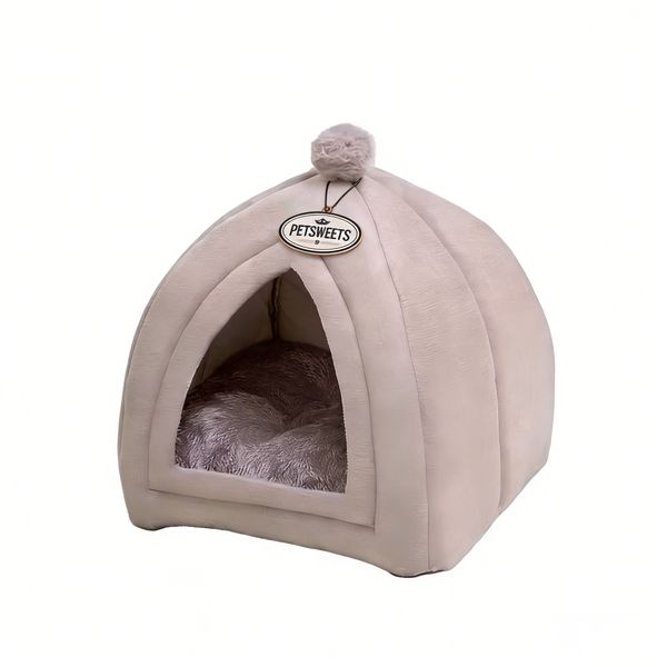 Light Grey Cat Cave Bed Indoor Flannel Hooded Cat Igloo House