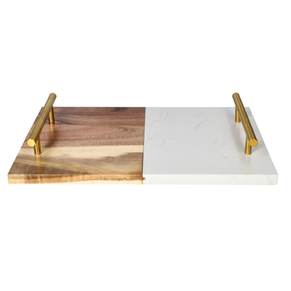 Marble &amp; Acacia Wood Serving Tray with Gold Handles - Premium Serving Board