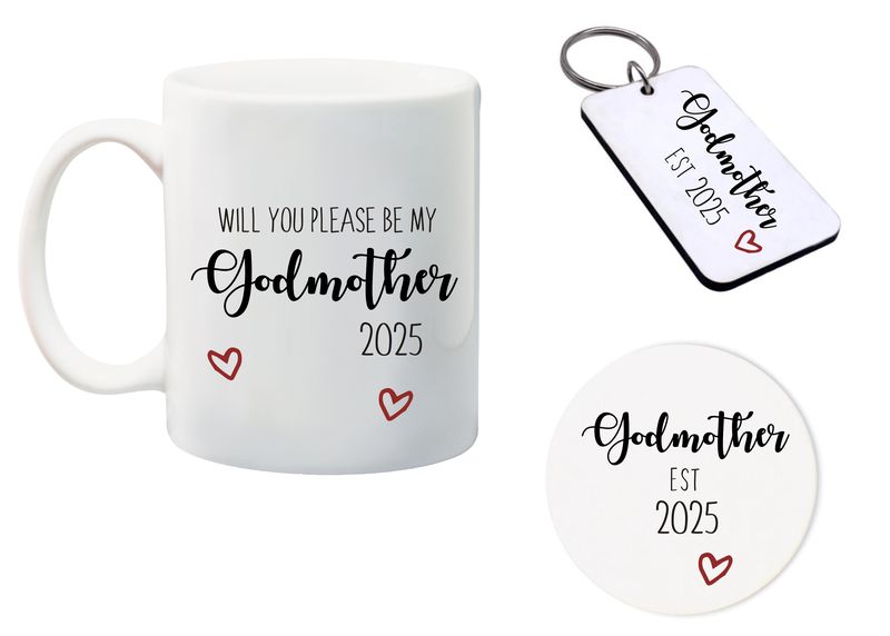 Will you please be my Godmother Mug, Glass Coaster&amp;keyring gift Combo