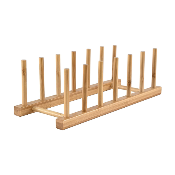 Multifunctional Bamboo Wooden Dish Rack, Vertical Plate &amp; Lid Organizer