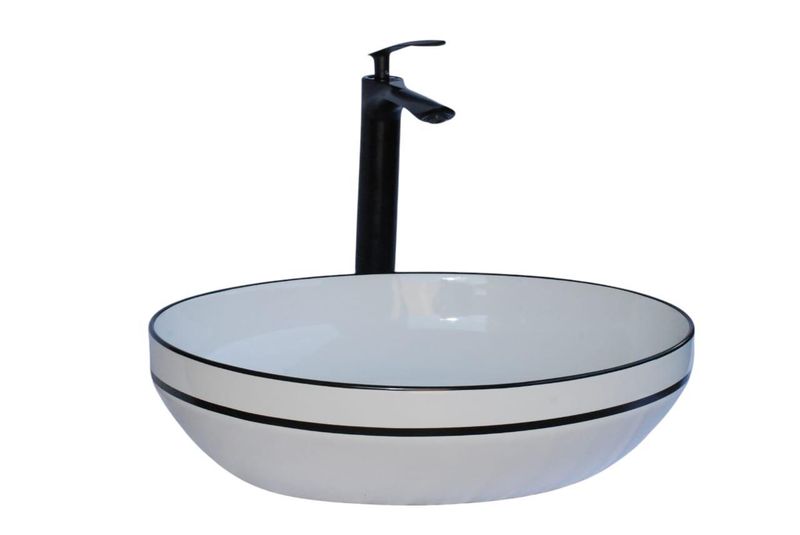 Egg Shape White and Black Bathroom Basin with Black Tap