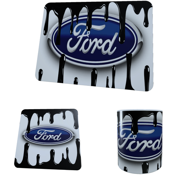 Ford Logo Vintage Oil Spill - Coffee Mug, Coaster and Mouse Pad Combo
