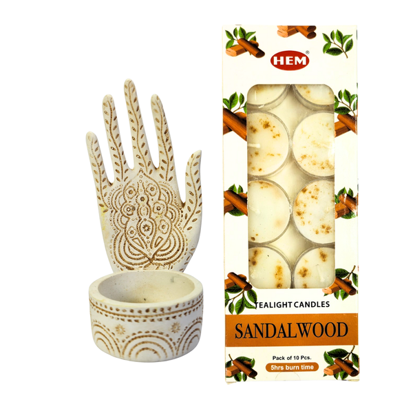12.5cm Elegant Hand Tea Light Holder + 10 Sandalwood Tea Light Candles