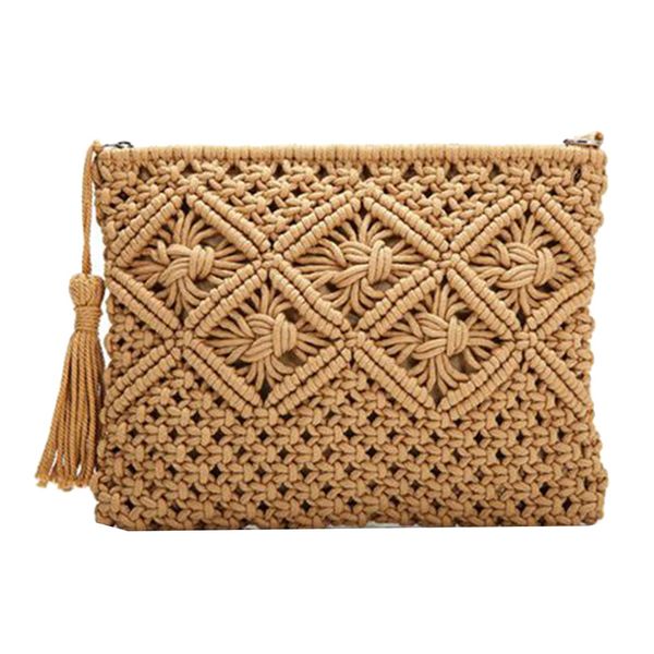 Women's Cotton Straw Woven Coin Purse Bag Clutch Bag Tassel Bag Khaki