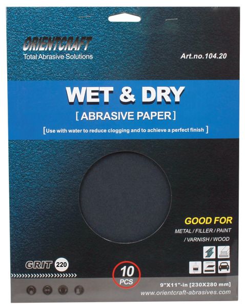 Pack of 10 - Wet and Dry Abrasive Sand Paper - 220 Grit