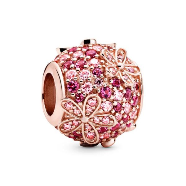 925 Sterling Silver Glitter Flower Bracelet Charm / Pendant - Rose Gold