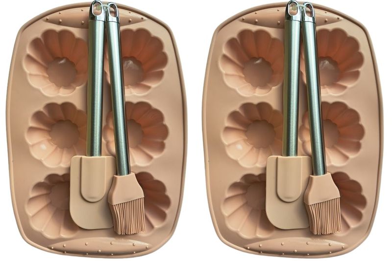 Silicone Flower Muffin Pan (2 packs of 6) &amp; 2 x Spatulas &amp; 2 Brushes