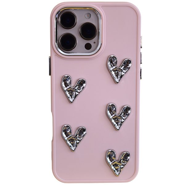Pink Case with 3D Silver Heart Accents - Compatible with iPhone