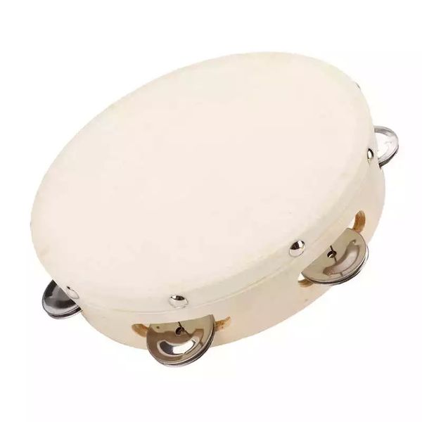 Wooden Tambourine With Skin and Double Row of Jingles
