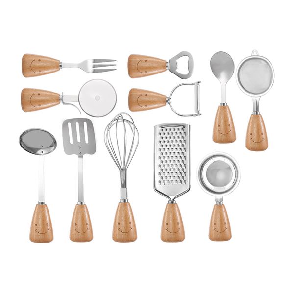 Stainless Kitchen Creative Smile Wooden Handle Kitchenware - Set A - Set Of 11