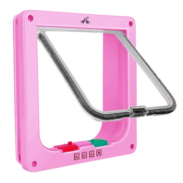 ALANES 4-Way Locking Cat Flap Door for Interior Exterior Door (Size:L)-Pink