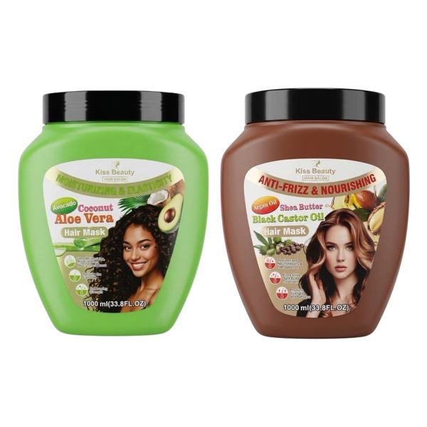 2 Pack-Kiss Beauty Argan Black Castor Oil Coconut Aloe Avo Hair Mask 1000ml