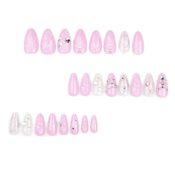 Pink Star Nail Art, 3D Ocean Seashell Butterfly Rhinestone False Nails