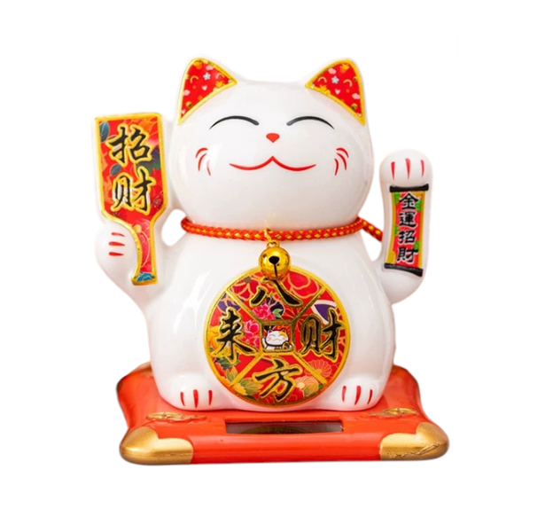 Solar Powered Lucky Cat Waving Ornament Porcelain Maneki Neko Fortune