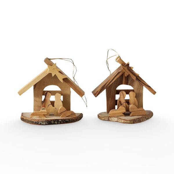 2 Holy Land Olive Wood Nativity - Handmade Bethlehem Tree Decoration