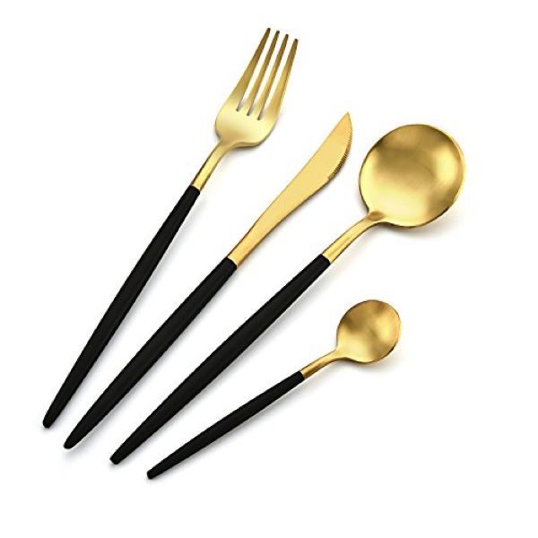 Cutlery Set 24 Piece Modern Sleek Gold with Colour Handles