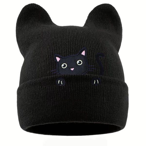 Cat Embroidery Knit Hat with Cat Ears, Birthday Gift Animal Wool Hat