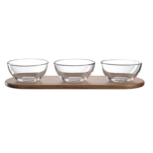 Leonardo Serving Set for Dips or Snacks: Wood Tray &amp; 3 Glass Bowls Cucina