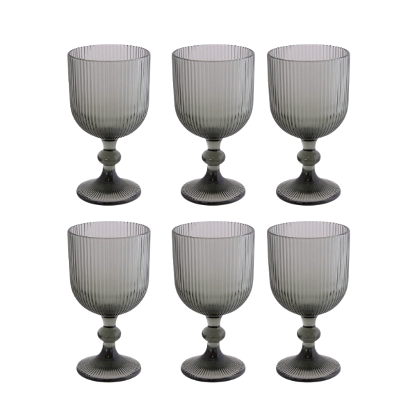 Set of 6 Wine Glasses Ribbed Design - Smoke Colour - 350ml