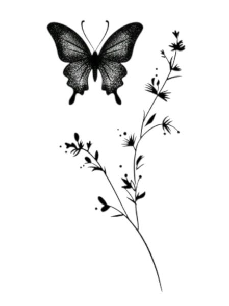 1 Piece - Whimsical Flower And Butterfly Temporary Tattoo - Black