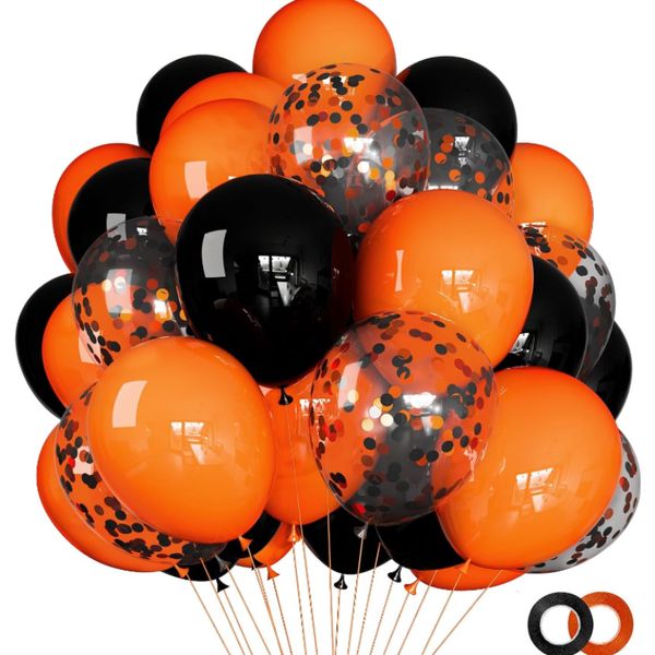 30 Black and Orange Sequin Fragments Decorating Balloons with 2 Ribbons