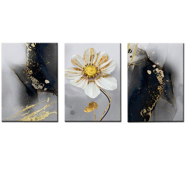 Canvas-Art-3 Pieces Black,Grey Gold &amp; White Foil Flower Abstract Wall Art