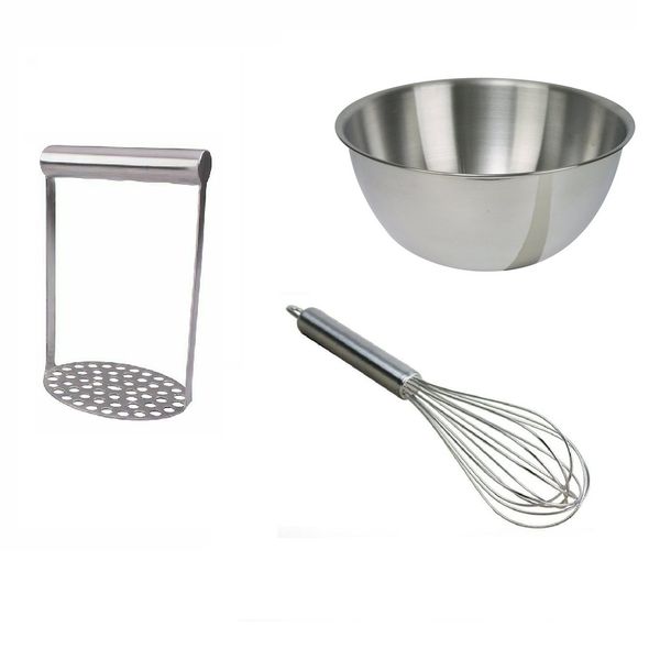 Stainless Steel Chef's Kitchen Set - Mixing Bowl - 26cm, Whisk &amp; Masher
