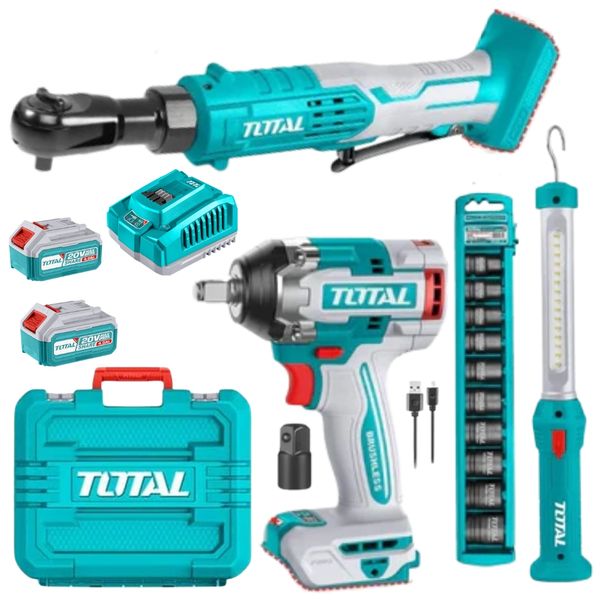 Total Tools - Cordless Wrench, Ratchet, Lamp, 2x Batteries, Charger &amp; Acc
